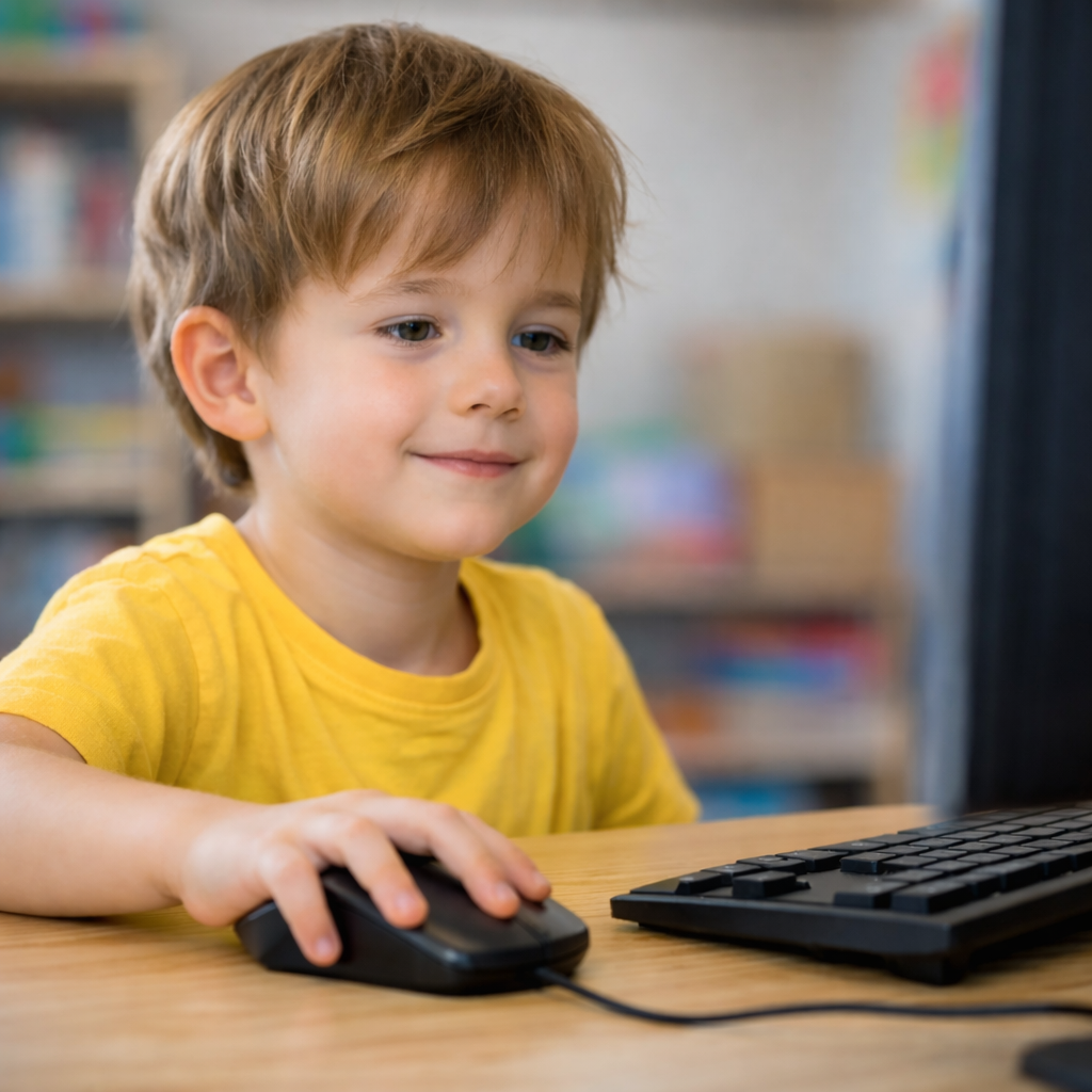 Jeune enfant en t-shirt jaune qui apprend à utiliser une souris et un clavier sur ordinateur