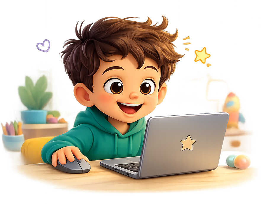 Un enfant souriant découvre l'ordinateur avec une souris et un ordinateur portable dans un univers doux et rassurant.